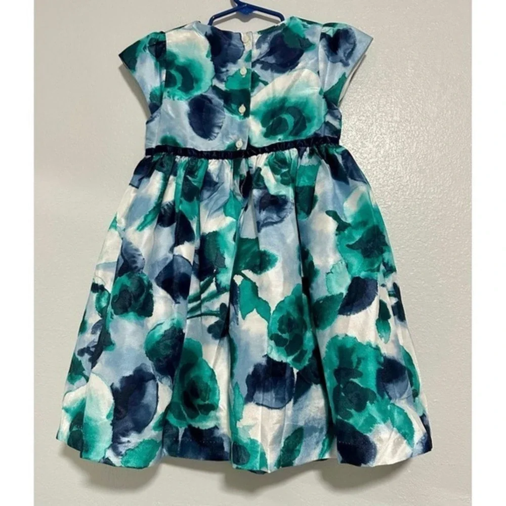 Gymboree Floral Party Dress Kids 5T Teal Navy Excellent‎ Watercolor Satin Bow